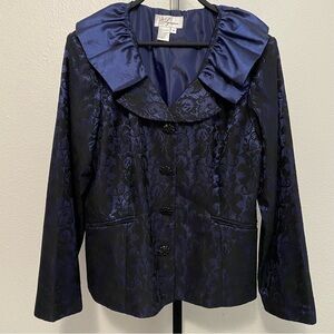 Vintage Women’s Black Lace Jaquard Taffeta Neck Blue Evening Jacket 16 Victorian